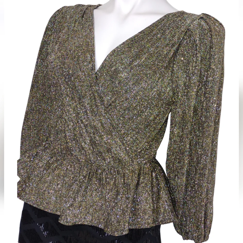 Astr Gold Metallic Peplum Top Size XS Suplice Metallic Puff Sleeve